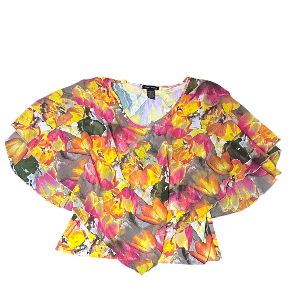 Susan Lawrence Floral Blouse Women's Medium V Neck Ruffle Sleeve Multicolor‎